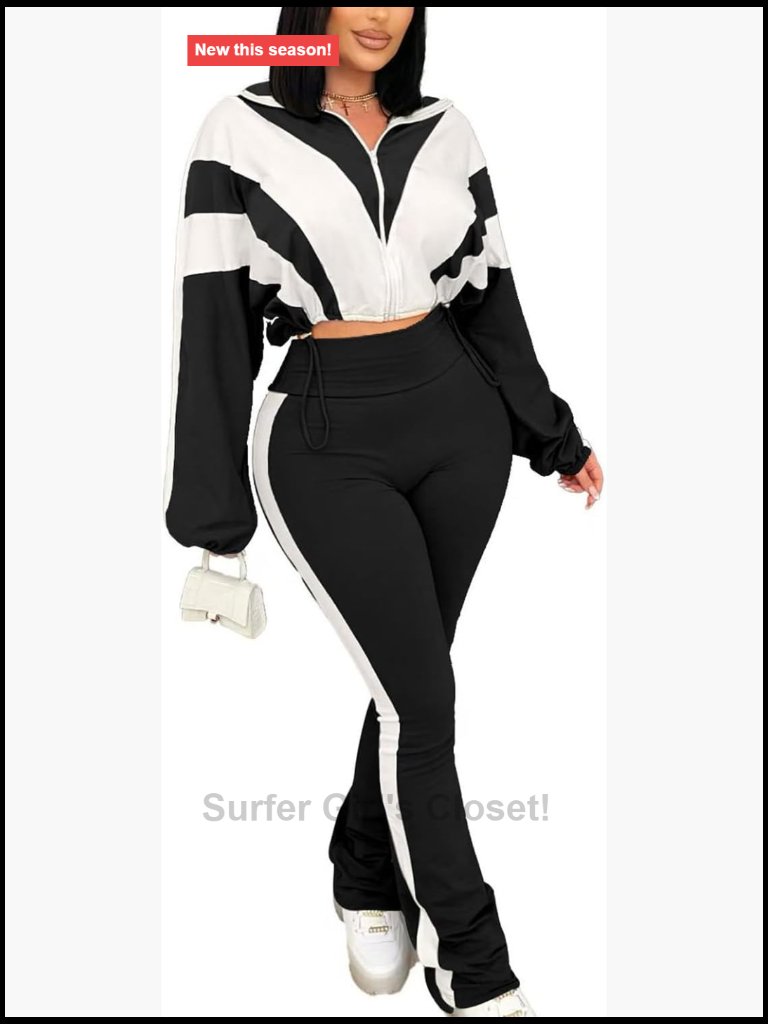 2 Piece Outfit Color Block Zip Drawstring Crop Jacket Bodycon Flare Pants Set